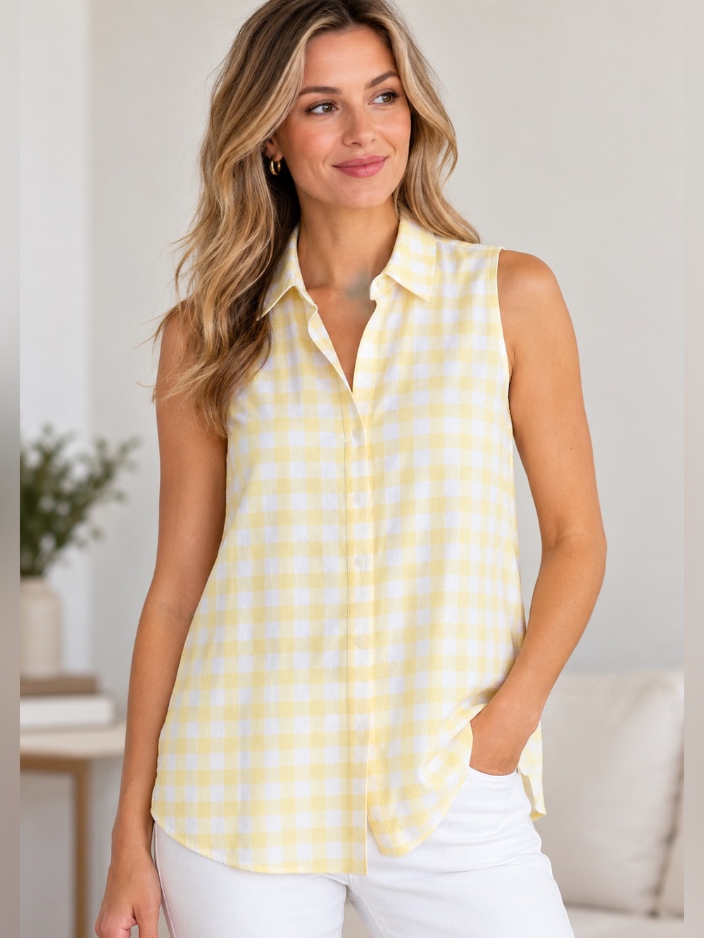 Lafayette 148 Yellow White Gingham Plaid Sleeveless Button Down Blouse S